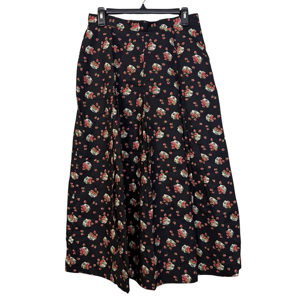 Vtg Herman Geist Black Strawberry Print Maxi Skirt Sz 12 Garden Cottage Pinup
